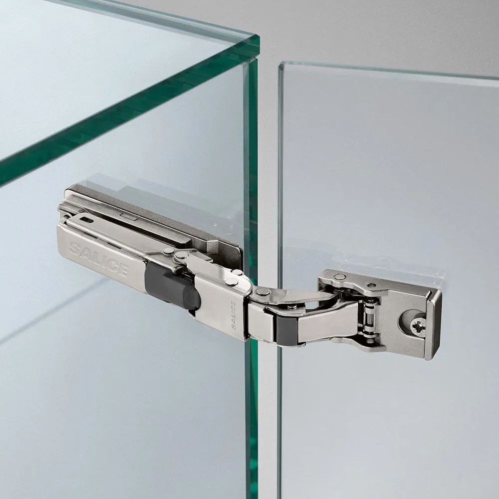 Bisagra universal Salice Serie B de apertura 110º para puerta de cristal